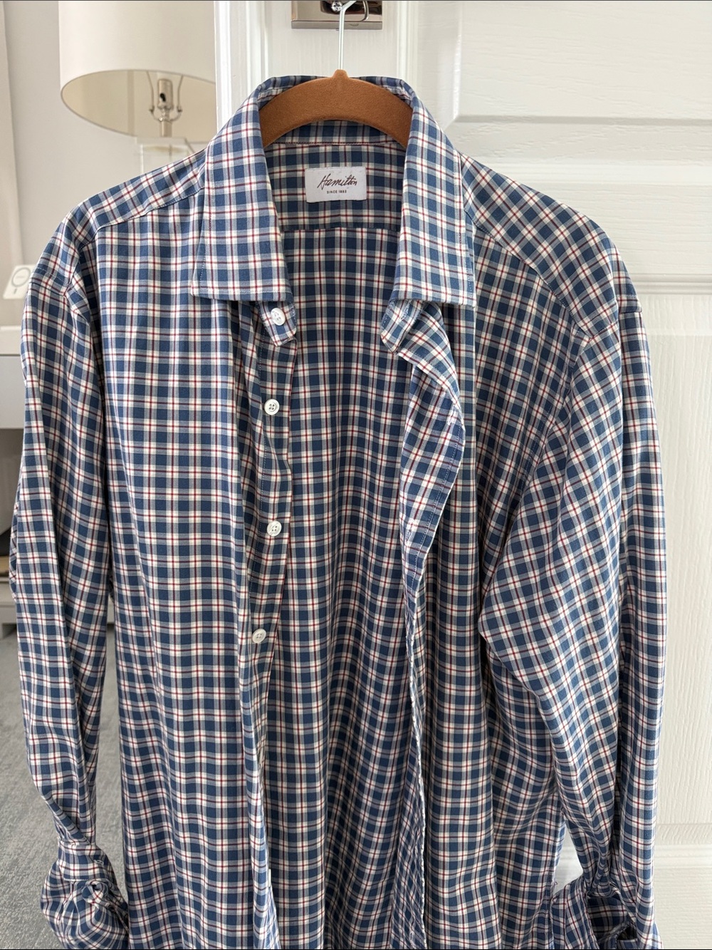 Hamilton Men's Navy and White Plaid Button-Down Shirt